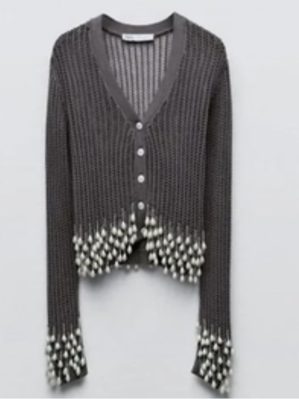 Zara Charcoal Open-Knit Button-Front Cardigan with White Bead Fringe